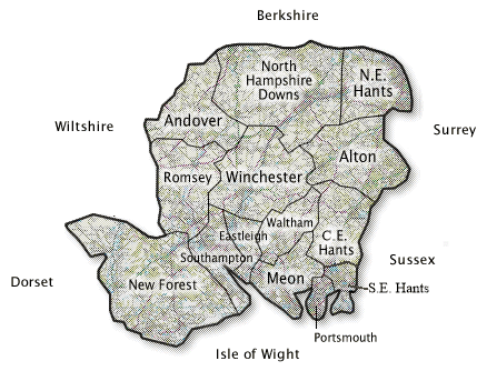 Map of Hampshire, showing the &lsquo;range&rsquo; of each local group